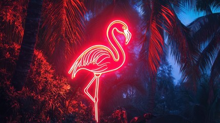 Poster - A neon flamingo sign with a palm tree backdrop, creating a beachy, tropical vibe. 