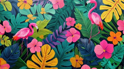 Poster - A pattern-like background featuring pink flamingos and tropical leaves with bright, cheerful colors. 