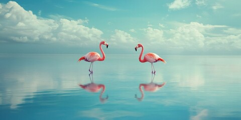 Poster - A peaceful Aruba flamingo scene featuring birds reflecting in shallow blue waters. 