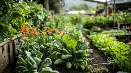 Poster - A peaceful home garden with blooming plants, vegetables, and a small pond in the background. 