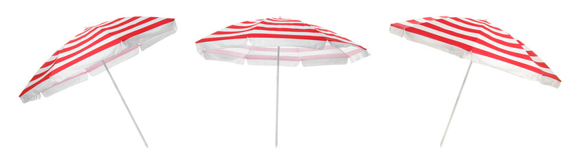 Wall Mural - Red striped beach umbrella isolated on white, collage