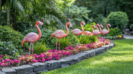 Poster - A perfectly aligned group of lawn flamingos placed around a flowerbed, adding charm to the landscape. 