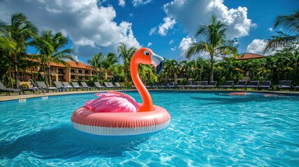 Poster - A pink flamingo float in the center of a beach resort pool, surrounded by lounge chairs. 
