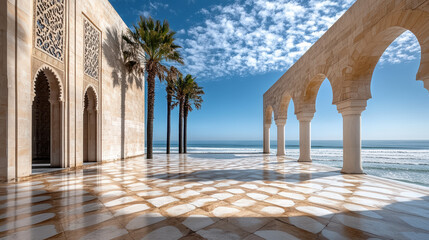 stunning view of coastal architectural site with palm trees and ocean