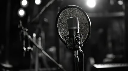 Poster - A professional podcast microphone with a pop filter in a modern recording studio. 