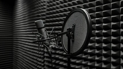 Poster - A professional podcast microphone with a pop filter in a modern recording studio. 