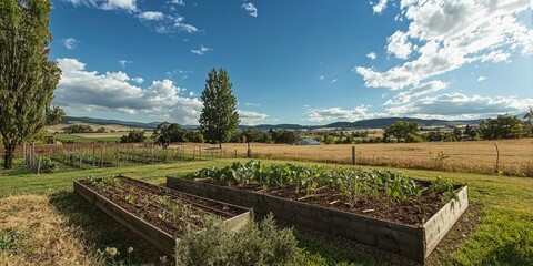 Poster - A raised bed vegetable garden in a rural setting, surrounded by farmland and open skies. 
