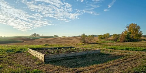 Poster - A raised bed vegetable garden in a rural setting, surrounded by farmland and open skies. 
