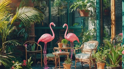 Poster - A retro setup featuring plastic flamingos surrounded by vintage garden furniture and potted plants. 