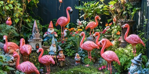 Poster - A retro-inspired garden with bright pink yard flamingos, garden gnomes, and lawn ornaments. 