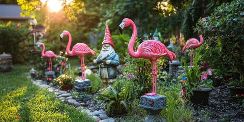 Poster - A retro-inspired garden with bright pink yard flamingos, garden gnomes, and lawn ornaments. 