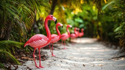 Poster - A row of plastic flamingos displayed on a sandy path leading to a beach party 