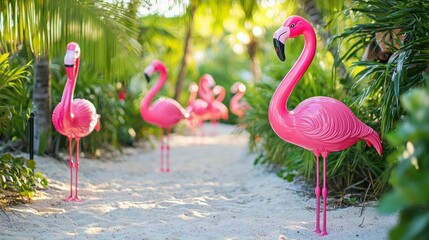 Poster - A row of plastic flamingos displayed on a sandy path leading to a beach party 