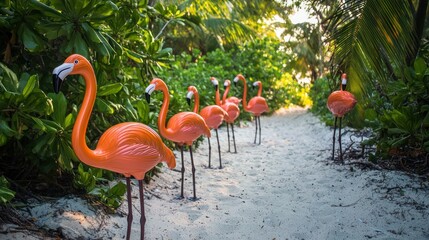 Poster - A row of plastic flamingos displayed on a sandy path leading to a beach party 