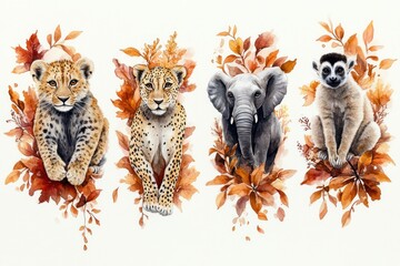 animal watercolor illustration with lion lioness leopard monkey lemur elephant among autumn leaves t