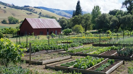Poster - A rural scene with raised vegetable gardens beside a small red barn under a bright sky. 