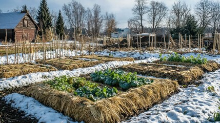 Poster - A rural vegetable garden in winter, with raised beds covered in straw for insulation.