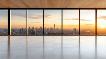 Sticker - modern interior with large windows showcasing stunning skyline at sunset