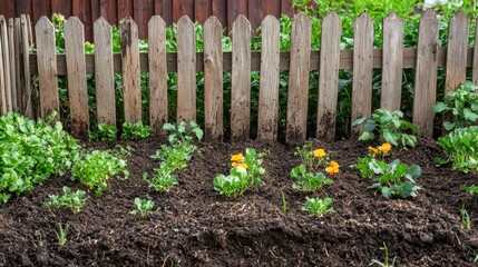 Poster - A rural vegetable garden with rich soil, thriving plants, and a rustic wooden fence. 