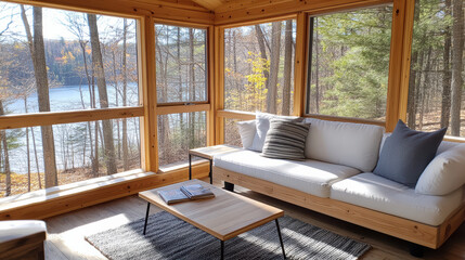 Wall Mural - Cozy cabin interior with lake view, perfect for relaxation and reading