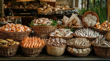 Poster - A rustic seafood market stall with an assortment of fish and shellfish displayed in woven baskets. 