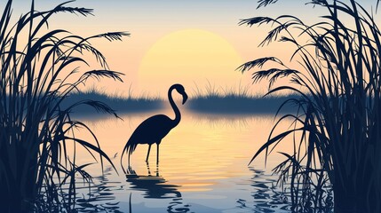 Poster - A scenic wetland with a flamingo silhouette framed by reeds and water. 