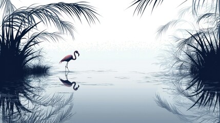 Poster - A scenic wetland with a flamingo silhouette framed by reeds and water. 