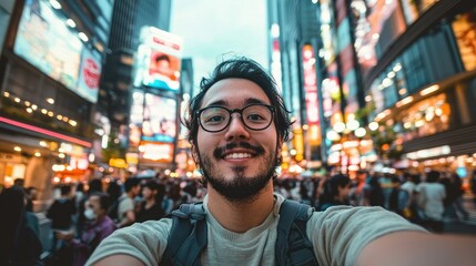Poster - A selfie of a solo traveler in a bustling city square, with bright lights and lively crowds behind.