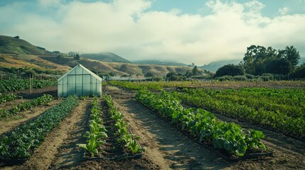Aufkleber - A serene vegetable garden with organized rows of plants and a small greenhouse in the corner. 