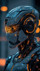 futuristic ai android with iridescent armor and holographic interface