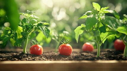 Poster - A small home vegetable garden with tomatoes, lettuce, and peppers growing in raised beds. 