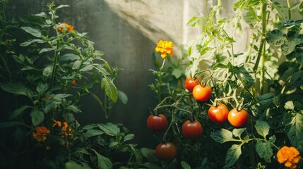 Poster - A small vegetable garden in a side yard, featuring tomatoes, basil, and marigolds. 