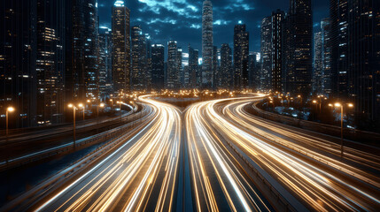 Sticker - futuristic cityscape with glowing streetlights and busy highways