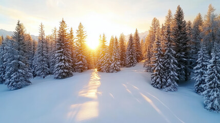 Wall Mural - magical snow covered forest at sunrise with golden light illuminating trees