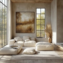 Wall Mural - Minimalist Modern Living Room with Leather Chairs and Grey Sofa Featuring a Fireplace and Natural Light