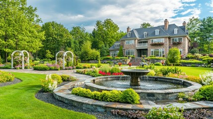 Poster - A sprawling garden estate with fountains, arched trellises, and seasonal blooms. 