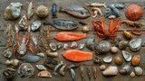 A spread of fish, shellfish, and crustaceans arranged artistically on a wooden surface for a natural background. 