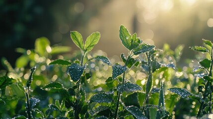 Poster - A summer vegetable garden under soft morning light, with dew on the plants. 