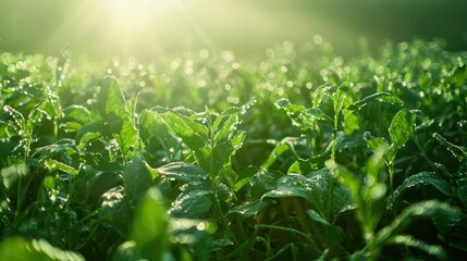 Poster - A summer vegetable garden under soft morning light, with dew on the plants. 