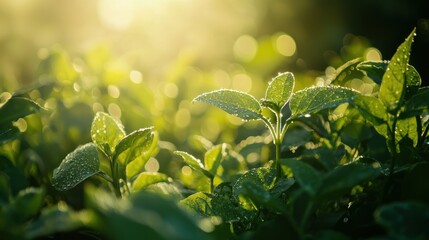 Poster - A summer vegetable garden under soft morning light, with dew on the plants. 