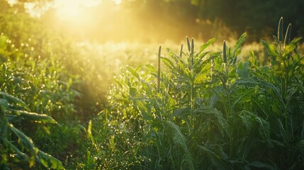 Aufkleber - A summer vegetable garden under soft morning light, with dew on the plants. 