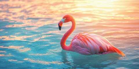 Poster - A sunset view of a flamingo float in a serene pool, with soft golden reflections. 
