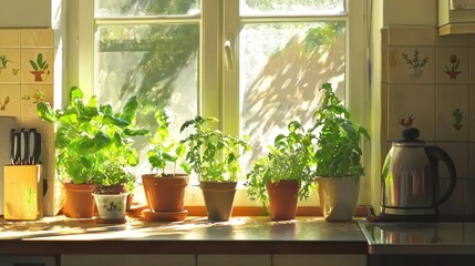 Poster - A sunny kitchen with small vegetable plants growing in pots on a windowsill. 