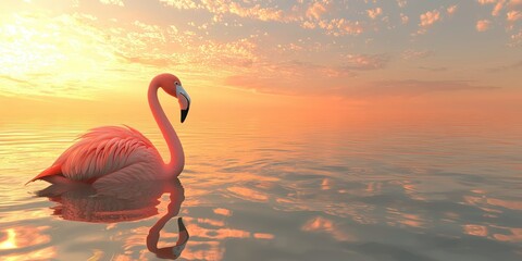 Poster - A sunset view of a flamingo float in a serene pool, with soft golden reflections. 