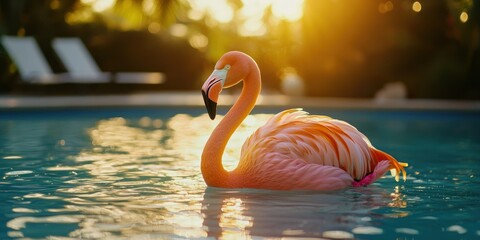 Poster - A sunset view of a flamingo float in a serene pool, with soft golden reflections. 