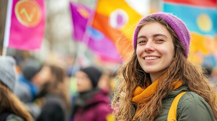 Poster - A symbolic International Womenâ€™s Day march with colorful flags and empowerment symbols 