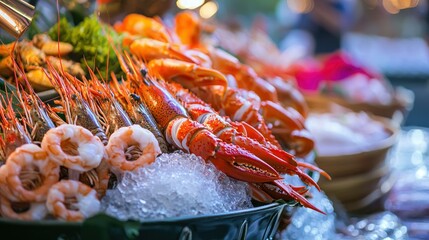 Poster - A traditional seafood market in an Asian city, featuring exotic seafood varieties and cultural decor. 