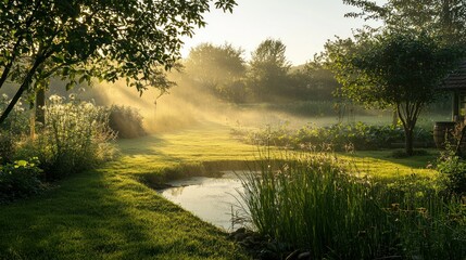 Poster - A tranquil morning scene with dew-covered plants being watered in a rural vegetable garden. 