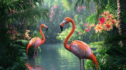 Poster - A tropical background featuring flamingos among lush greenery, flowers, and palm trees. 
