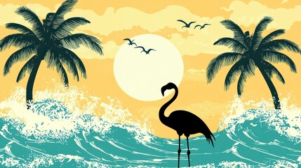 Poster - A tropical beach scene featuring a flamingo silhouette against a backdrop of palm trees and waves. 